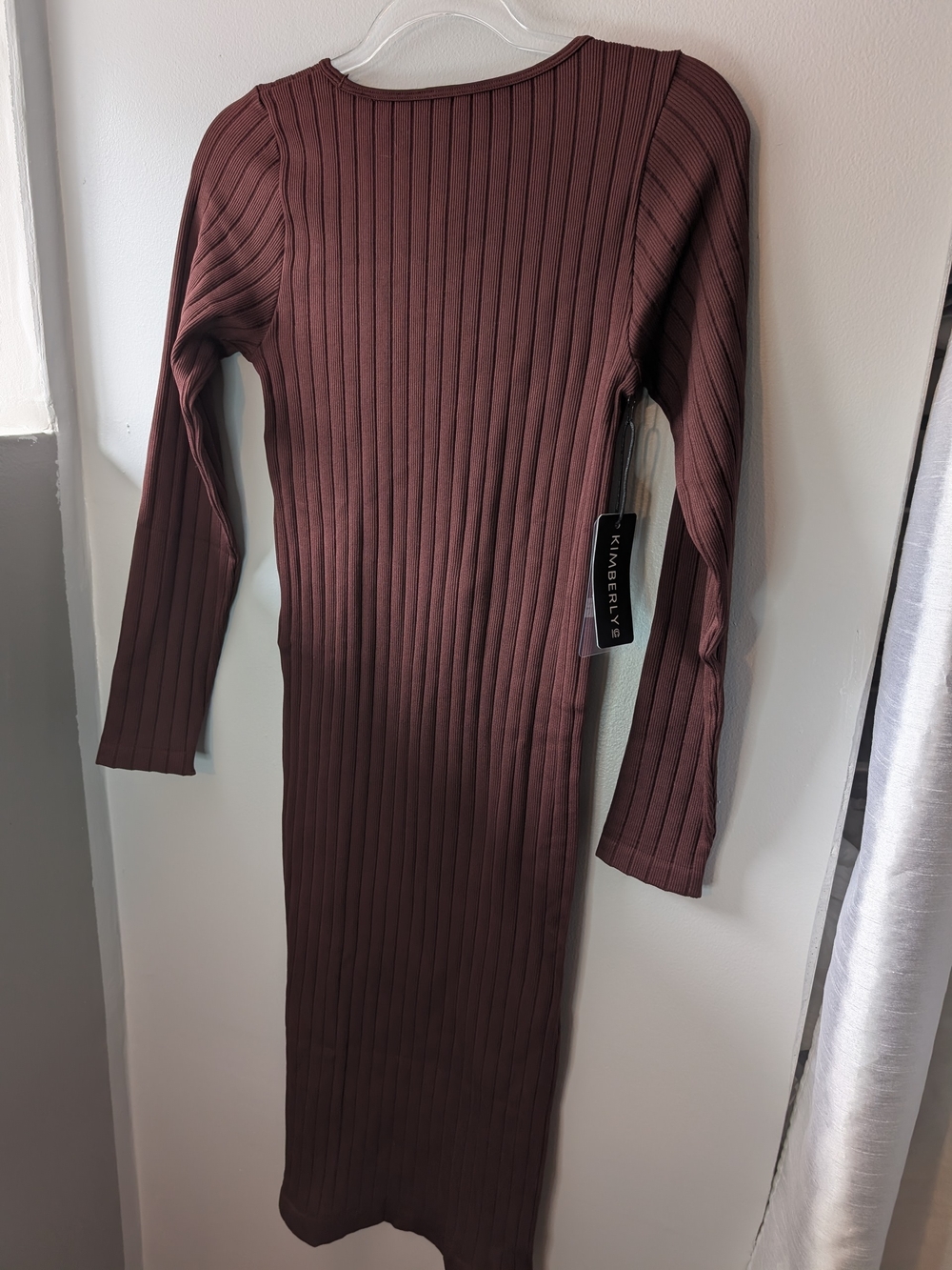 Kimberly C Ribbed Long Sleeve Midi Dress - Burgundy